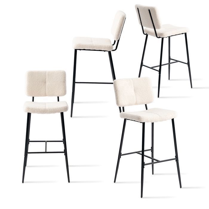 MEUBLES COSY Lot de 4 tabourets de bar scandinaves avec dossier en tissu mouton boulette beige - POMONA BAR