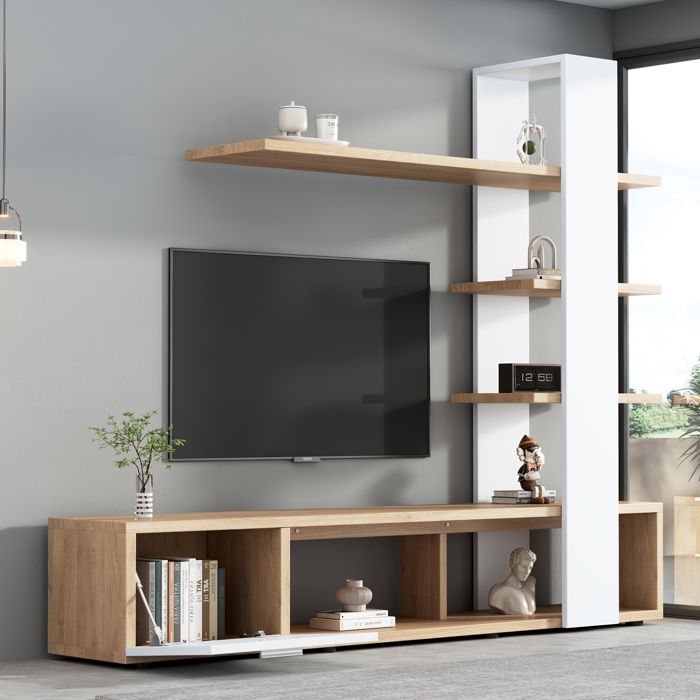 Ensemble Meuble TV Mural 180x33 5x151 5cm - Chêne Blanc - Compatible TV 60 - Panneau Bas - Salon Moderne Ensemble Meuble TV Mural 180x33 5x151 5cm - Chêne Blanc - Compatible TV 60 - Panneau Bas - Salon Moderne