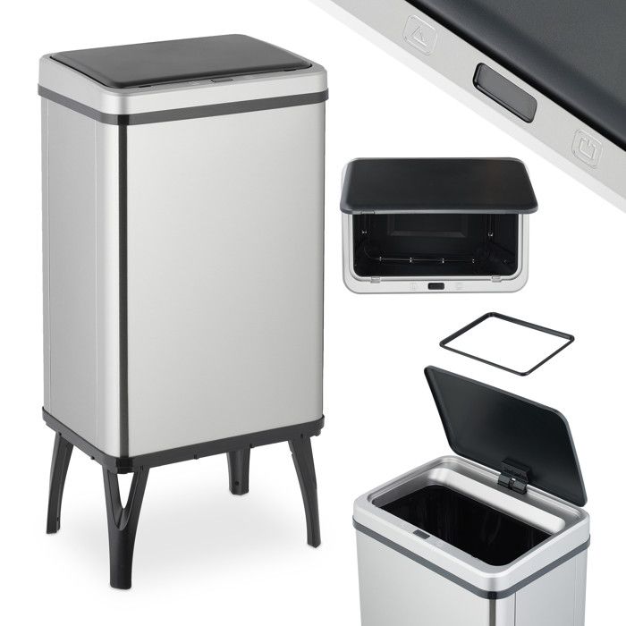 Relaxdays Poubelle automatique 40 litres Couvercle électrique Avec support pour sac Seau cuisine en Inox argenté