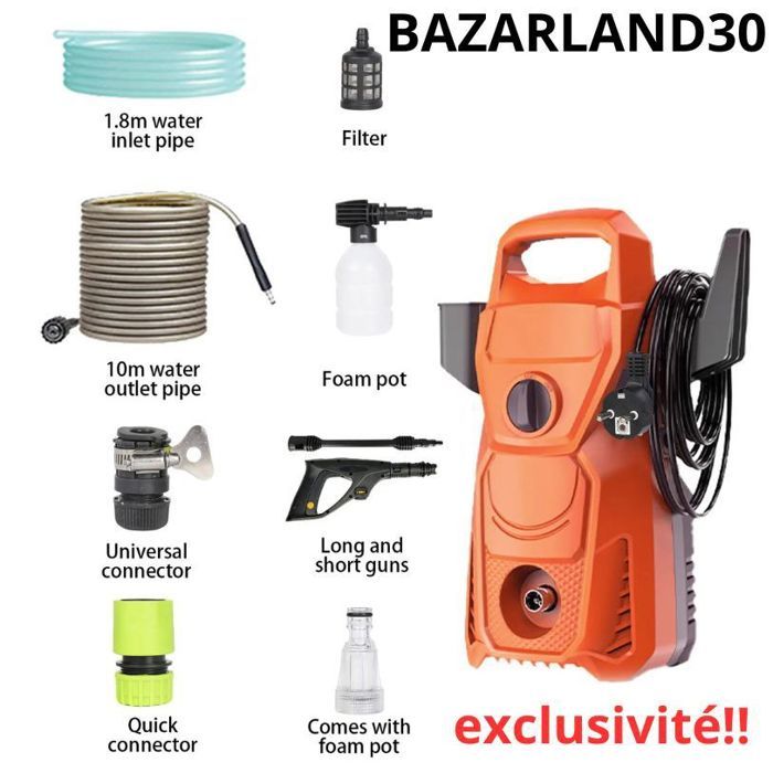 BAZARLAND30.Nettoyeur haute pression électrique 135bar avec tuyau deau de 10m buse réglable nettoyage de voiture.