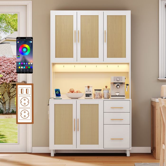 Buffet de cuisine 183 cm avec lumières LED 3 Tiroirs Portes en Rotin Prises USB Intégrées et Étagères Réglables blanc Buffet de cuisine 183 cm avec lumières LED 3 Tiroirs Portes en Rotin Prises USB Intégrées et Étagères Réglables blanc