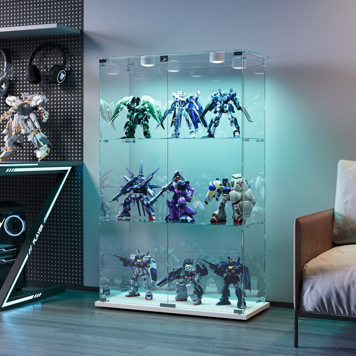 Vitrine LED Meuble en Verre Trempé 3 Étagères Amovibles Portant 10kg 2 Portes avec Serrure pour Collection Figurines Blanc