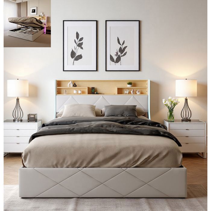 Lit Coffre Double 160x200 cm LED et USB Rangement Sous Lit et à la Tête de Lit Lit de Rangement Capitonne pour Adultes PU