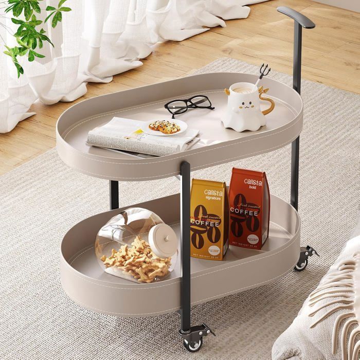 Table roulante PU gris clair avec structure métal desserte à roulettes freinées table d’appoint pour salon et chambre