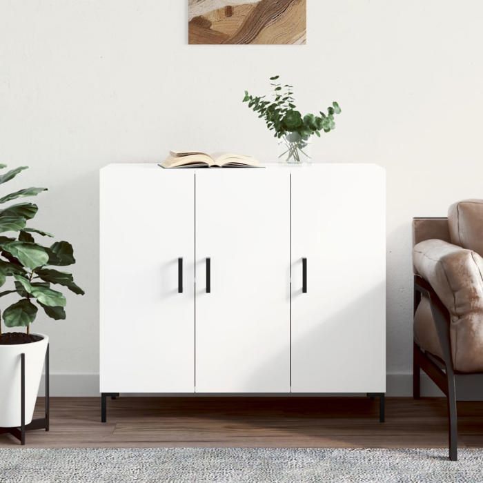 Buffet blanc en bois dingénierie - Happiness - 90x34x80 cm - Blanc - Grand espace de rangement - Pieds en métal