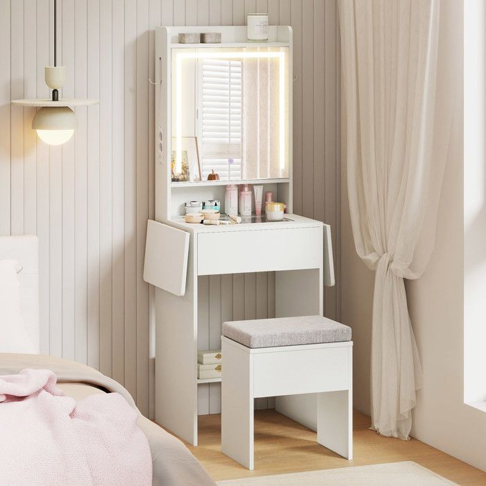 GIANTEX Coiffeuse avec Tabouret- Miroir- Éclairage Réglable- Station de Charge- Table de Maquillage- Tiroir- Étagère Ouvert- Blanc GIANTEX Coiffeuse avec Tabouret- Miroir- Éclairage Réglable- Station de Charge- Table de Maquillage- Tiroir- Étagère Ouvert- Blanc