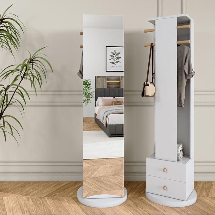 Porte-Manteau - Miroir sur pied - 3-en-1 - Base pivotante 360° - Blanc - 45x28x160cm