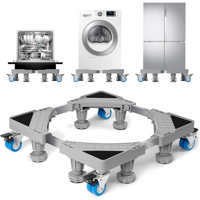 Socle réglable pour machine à laver - TRAHOO - 42-66 cm - 8 pieds + 4 roues - Antidérapant - Absorbe les chocs - Trahoo