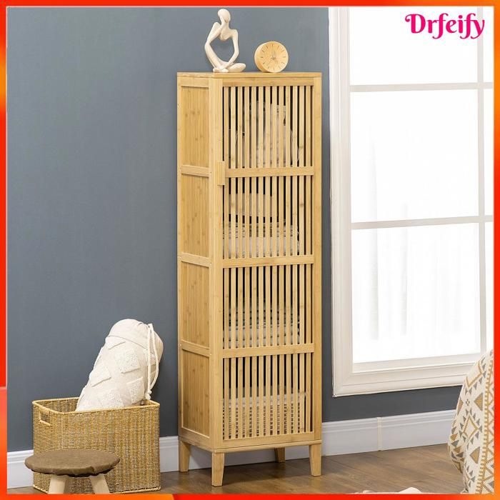 Armoire de rangement - AKOZON - 8338 - Bambou naturel - 4 étagères - Porte à lamelles - 40x30x140 cm