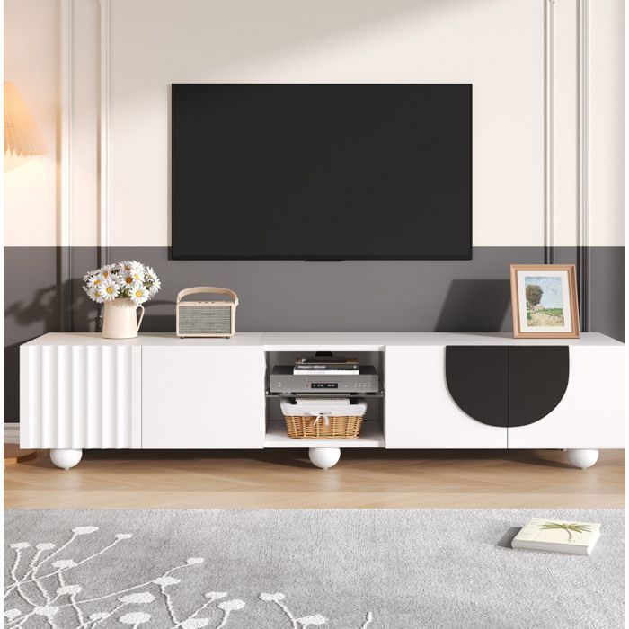 Meuble TV blanc L 180 x P 40 x H 415 cm portes push-to-open rangements fermés + niche ouverte