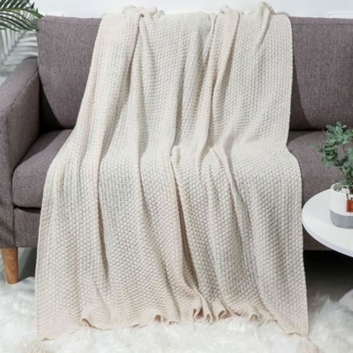 Couverture Canapé Style Nordique Plaid Jeté Lit Couverture de Sieste Bureau Laine Tricotée avec Glands Beige Blanc