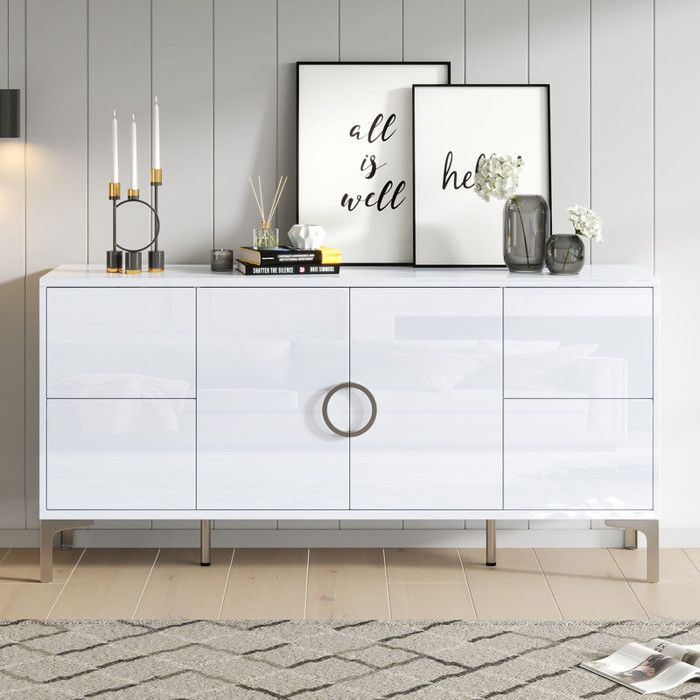 Meuble de salle à manger 150x38x595 cm avec 4 tiroirs 2 portes commode avec pieds de soutien larges compartiments sans poignées