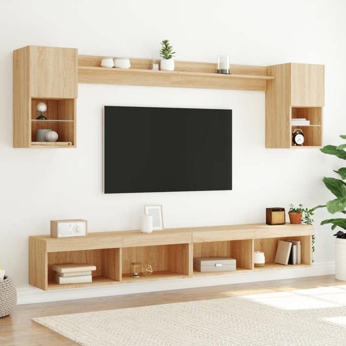 Armoires de Télévision - Brun - Unités murales TV - avec LED - 6 pcs - chêne sonoma bois dingénierie 30.5x30x60 cm T3718