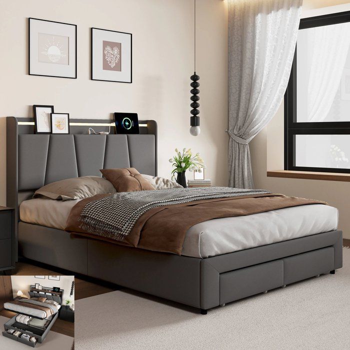 Lit Double Coffre 140x200 cm Lit rembourré avec levier hydraulique rangement en Lin Gris Foncé avec 2 Tiroirs port USB Lumières LED