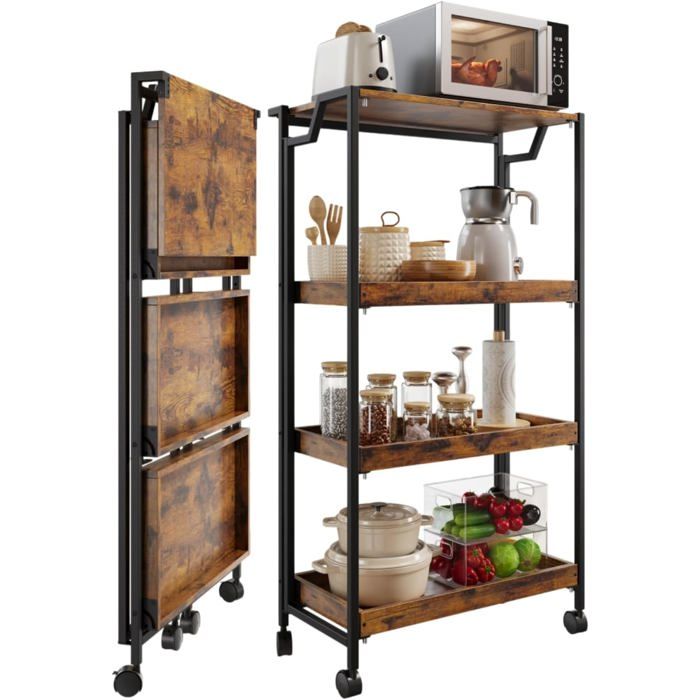 Étagère de rangement pliable en bois 4 niveaux capacité 100 lbs roues verrouillables sans montage