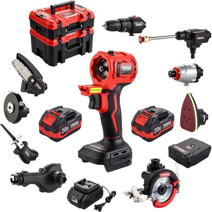 20V Perceuse Visseuse Multifonction Clé à chocs Scie sabre Scie chaîne Outil oscillant Ponceuse 2x4.0Ah Batteries 9 en 1