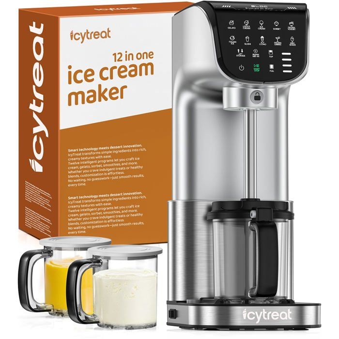 IcyTreat IC-1010 EU Sorbetière 12 en 1 - Certifiée CE Puissance 500 W Capacité 568 ml Inclus 3 récipients à glace en Tritan - Argent