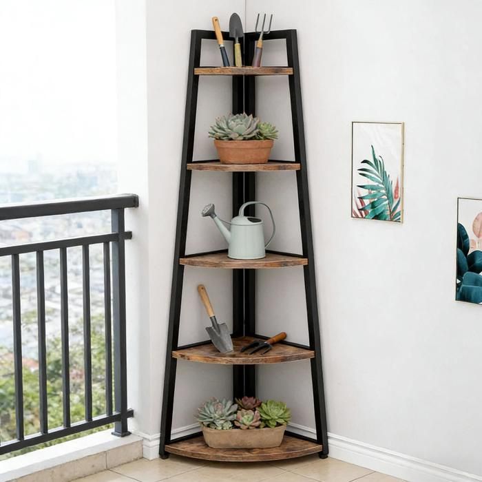 Étagère d’angle 5 niveaux en métal et bois effet rustique meuble gain de place autoportant
