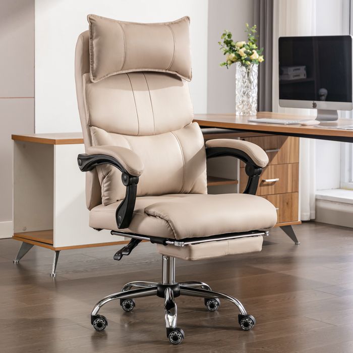 JOINERY Fauteuil de bureau ergonomique beige en tissu technique hauteur réglable rotation 360 avec repose pieds et soutien lombaire