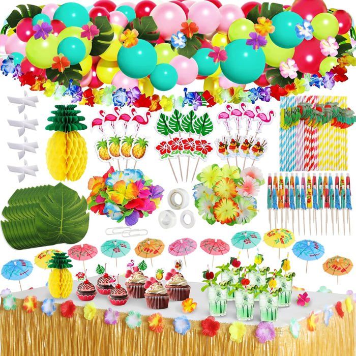 Lot de 159 pièces décoration hawaïenne : jupe 9ft guirlande 2m fleurs tropicales pailles parapluies topper gâteau ballon fête