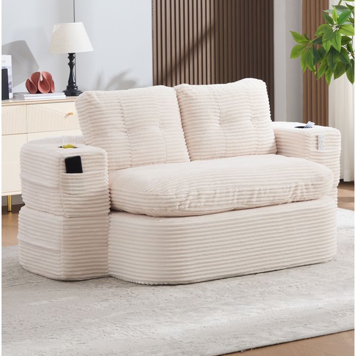 Fauteuil lit 2-en-1 en velours côtelé beige assise extra profonde dossier haut porte-gobelets sans montage