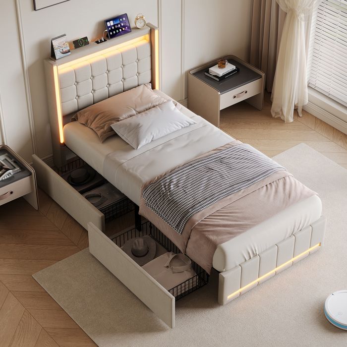 Lit enfant avec 2 tiroirs 90×200 cm Anajqaqia Lit coffre lit simple tête de lit avec LED tête de lit avec USB et Type-C lin beige