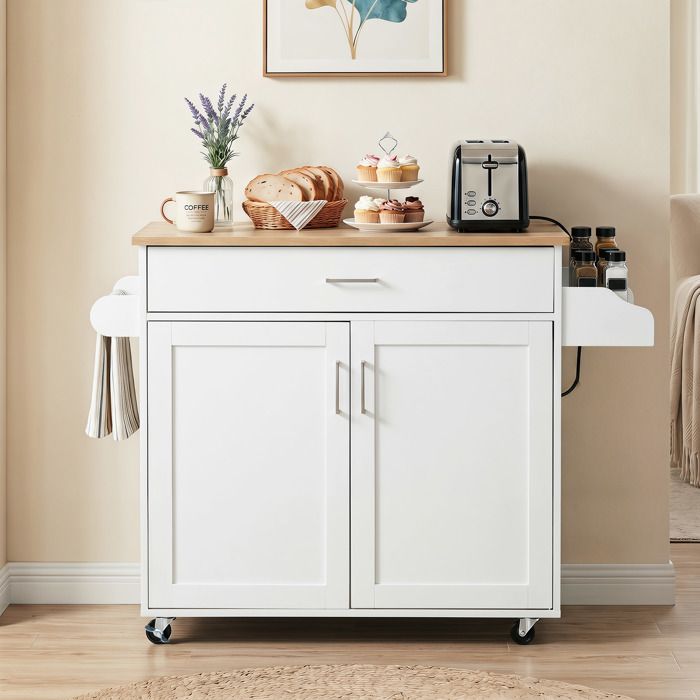 Desserte de Cuisine COSTWAY Multiprise Intégrée 2 Prises AC 2 USB Tiroir Étagère Réglable Porte-épices Porte-serviettes Blanc Desserte de Cuisine COSTWAY Multiprise Intégrée 2 Prises AC 2 USB Tiroir Étagère Réglable Porte-épices Porte-serviettes Blanc