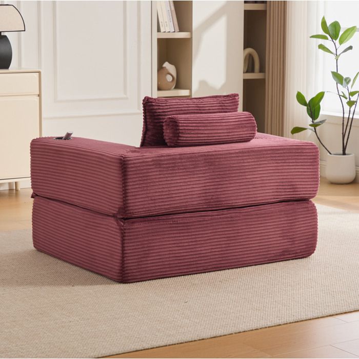 Canape Convertible 1 Place Velours Cotele Bordeaux Fauteuil Lit Design FloraGrace Pour Salon Sans Outils 122x98x80cm