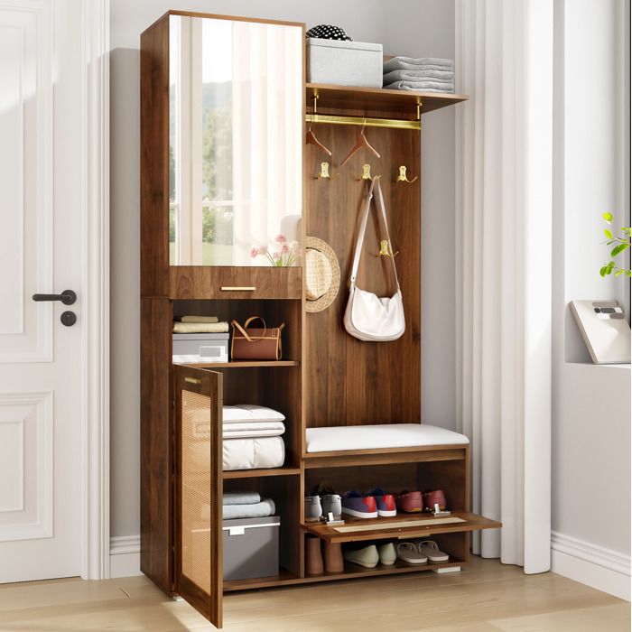 Vestiaire DEntree Noyer Fonce Et Blanc Meuble Avec Miroir FloraGrace Pour Entree Ou Couloir LED 16 Couleurs 110x38x190cm