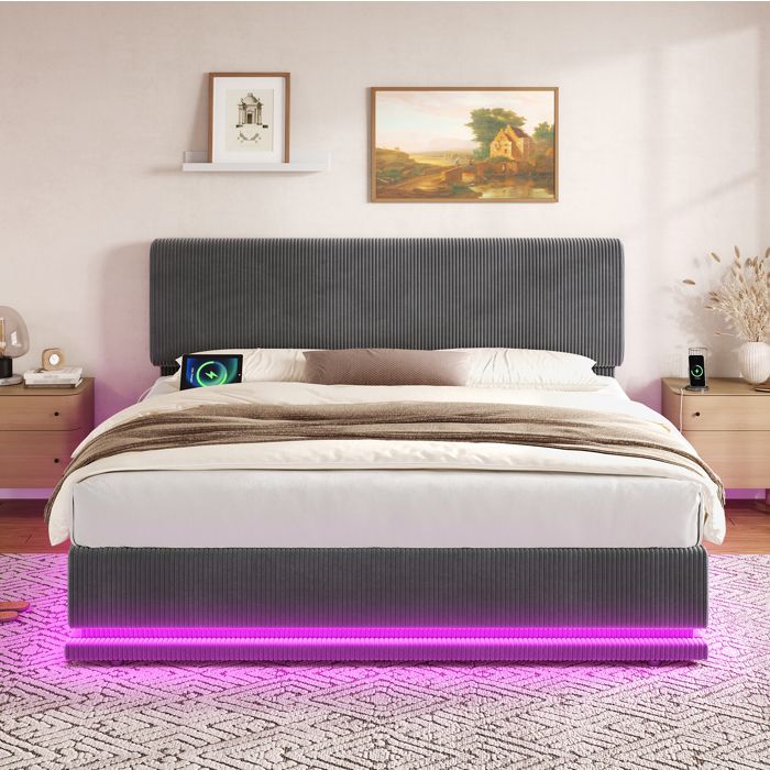 VUENOR Lit capitonné 180x200 cm gris foncé – LED USB-C rangements sans matelas