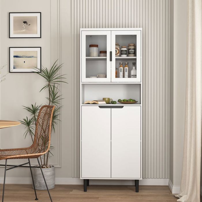 Bibliothèque - SOGEU - 60x35x160 - 4 portes - Vitrine verre trempé - MDF laqué blanc