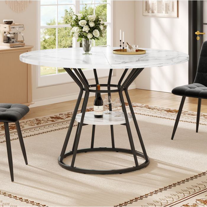 Ensemble table et chaises avec 1 table ronde et 4 chaises aspect marbre - BEAUNIV - en MDF et métal - Noir