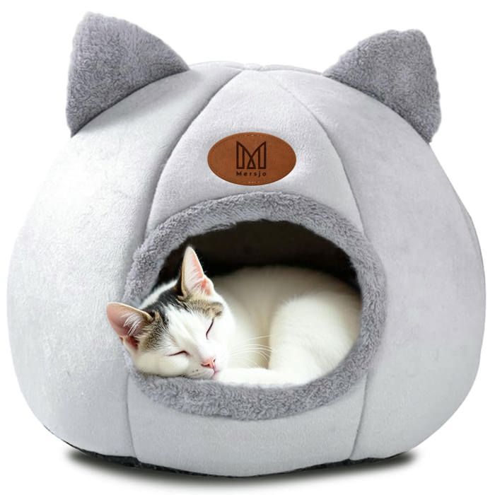 Maison pour chat niche lit douillet avec oreilles DAISY gris