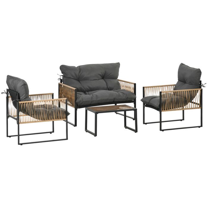Salon bas de jardin 4 pièces – rotin polyrotin gris foncé – coussins inclus – table basse en verre