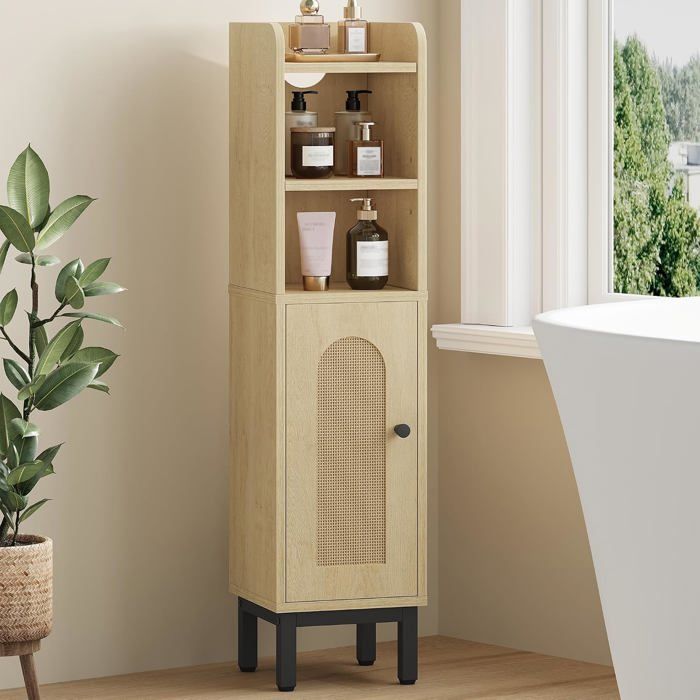 Meuble salle de bain porte cintrée étagère réglable 20 x 20 x 83 cm MDF pieds dorés idéal espace restreint