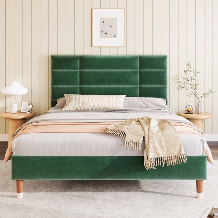 Lit rembourré en velours vert foncé - BLACKCOLOR - 140 x 200 cm - Sommier à lattes inclus - Tête de lit rembourrée 8 cm
