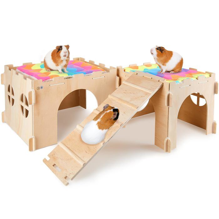 Cabane en Bois pour Cochons d’Inde Maison Cachette pour Petits Animaux avec Rampe Plusieurs Portes et Fenêtres - MMCD-ZGL-05410