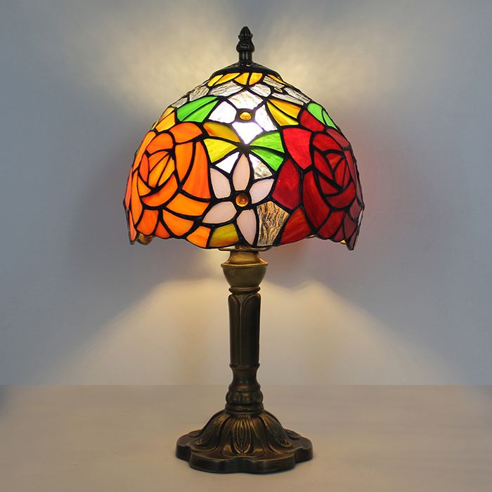 Lampe de Table Tiffany 20 cm - Abat-jour Vitrail Fleur Rose Style Rétro - Lampe de Chevet Baroque Fait Main - Douille E27
