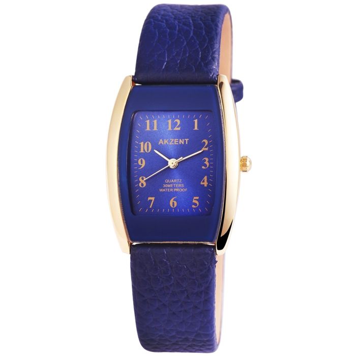 Montre femme - AKZENT - AK0401 - Boîtier tonneau doré - Cadran bleu - Bracelet simili cuir 22 cm