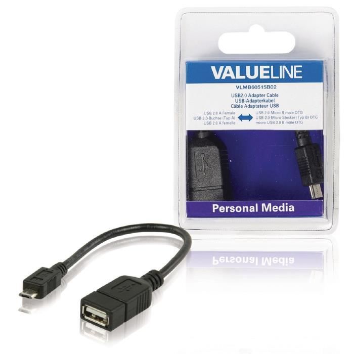 Câble adaptateur USB à connecteur USB 2.0 A femelle vers micro-USB 2.0 B mâle OTG noir 0,20 m