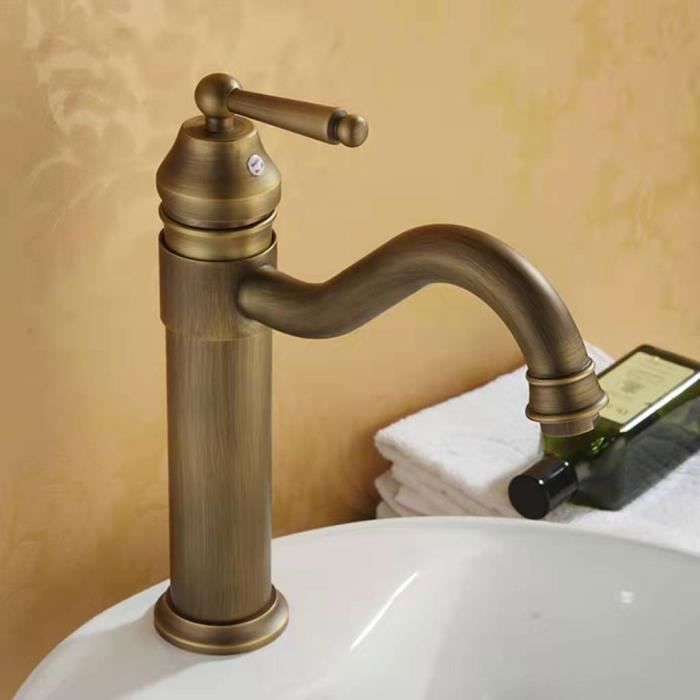 Robinet Salle de Bain Rétro Laiton Haut Antique Mitigeur Lavabo Vasque Pivotant à 360°Mitigeur Vasque Salle de Bain