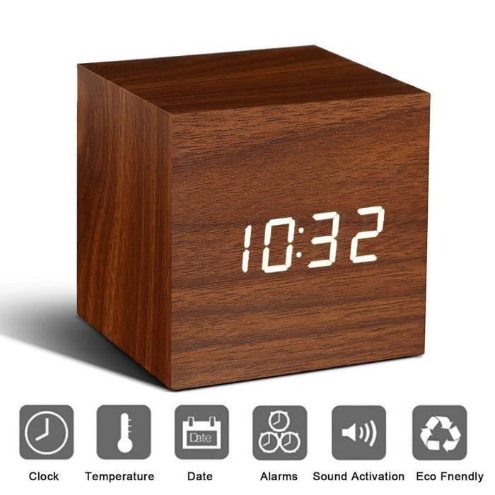 Réveil Numérique En Bois 8 Niveaux Luminosité Réglable Horloge