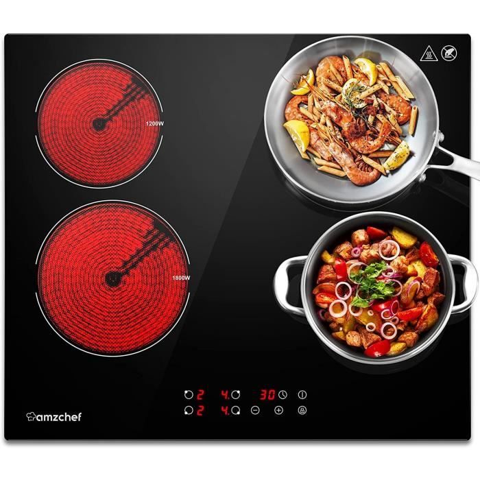 Plaque de cuisson vitrocéramique 4 feux, Plaque vitrocéramique avec 9 niveaux, minuterie, arrêt