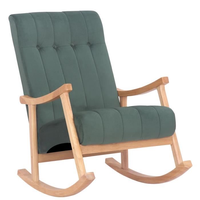 chaise à bascule saltillo velours avec accoudoirs fauteuil de relaxation pieds en bois - clp - nature / vert