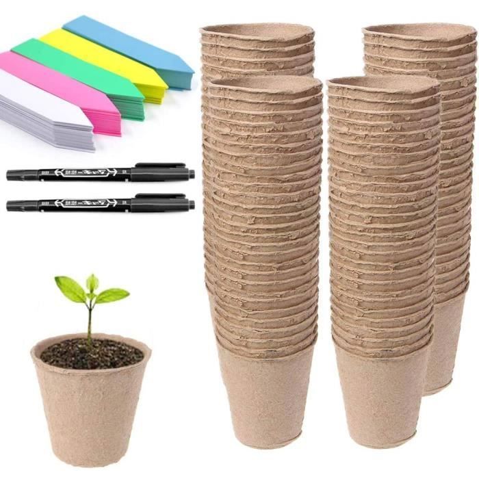 100 Pcs 8 cm Pots de Graines de Fibres Biodégradables pour Les Semis avec 100 Pcs Étiquettes de Couleur en Plastique pour Plantes,