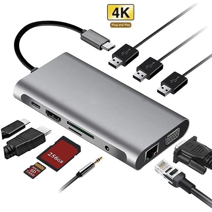 HUB USB C, Adaptateur 10 en 1 avec 4K-HDMI, VGA, USB 3.0, Type C, Port PD, Ethernet RJ45, Lecture Carte SD/TF, AUX 3,5 mm Audio