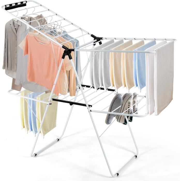 GIANTEX Séchoir/Étendoir à Linge Pliable à 2 NiveauxPinces Papillon RéglablesCadre en Acierpour VêtementsChaussuresBlanc