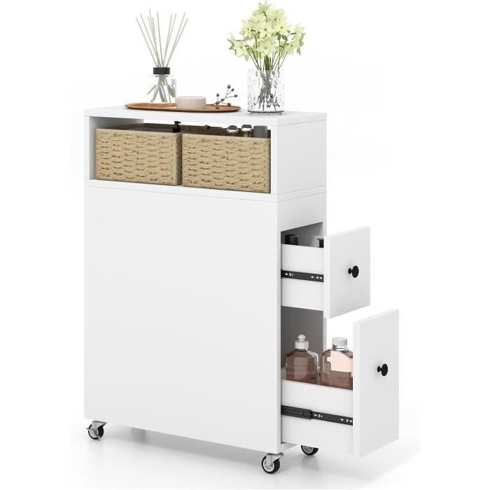 GIANTEX Meuble Colonne Salle de Bain à 4 Roulettes avec 2 Tiroirs2 Paniers et Porte-Brosse WCTaille Compacte50x 19x 72 cmBlanc