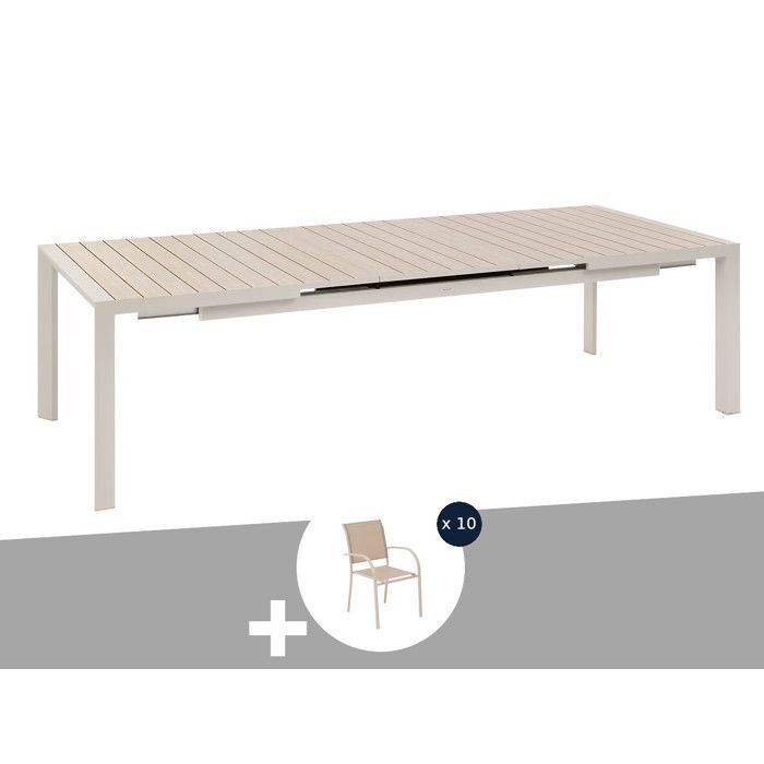 Table de jardin rectangulaire extensible en aluminium Evasion Lin/Argile 8/10 places + 10 fauteuils Piazza - Hespéride