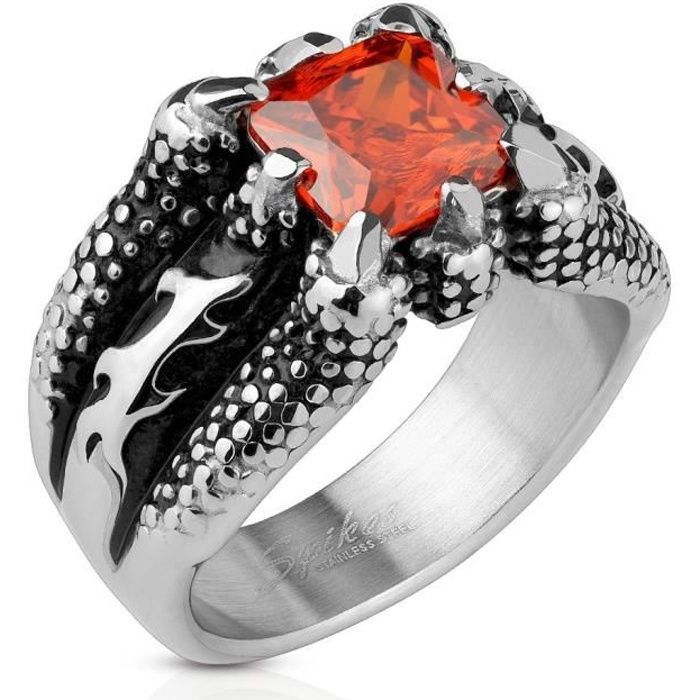 Bague anneau chevalière homme acier griffe dragon et pierre rouge